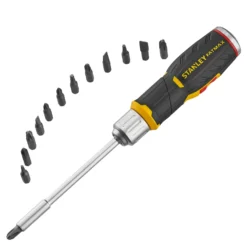 Stanley MAXI TOURNEVIS PORTE-EMBOUTS REVOLVER A CLIQUET + 12 EMBOUTS nFENTE: 5MM, 6.5MM, 8MM / PH1-PH2-PH3 / PZ1-PZ2-PZ3 / T10-T15-T20n+ RATELIER